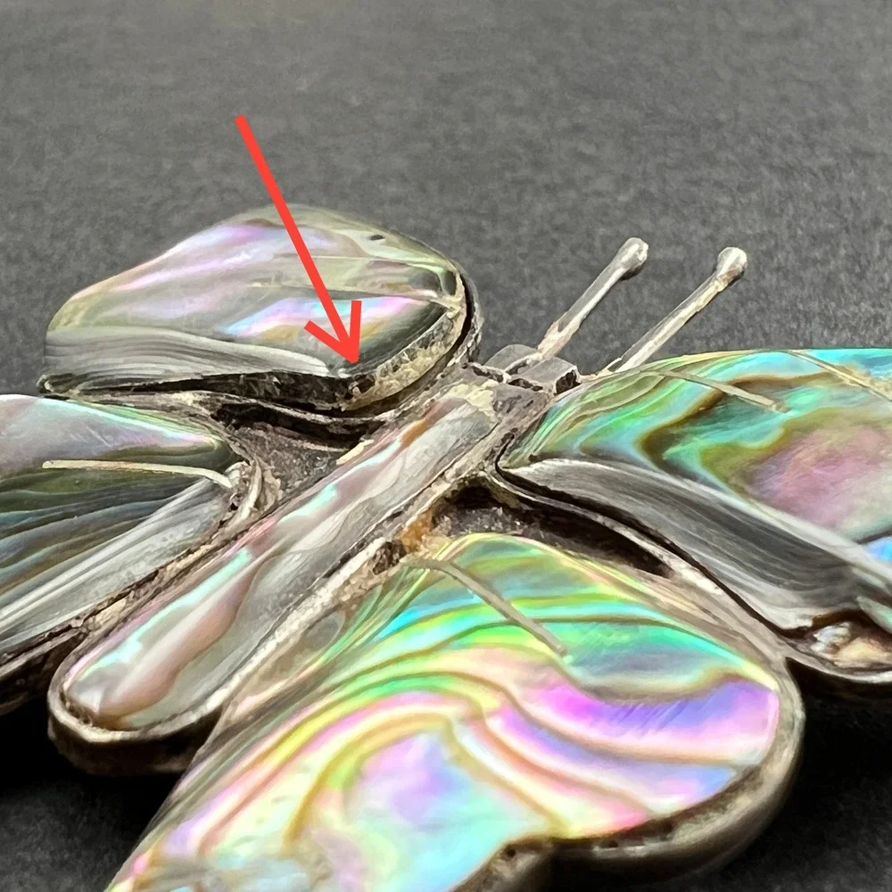 Vintage Butterfly Brooch Mexico Sterling Silver Abalone Shell Insect 2